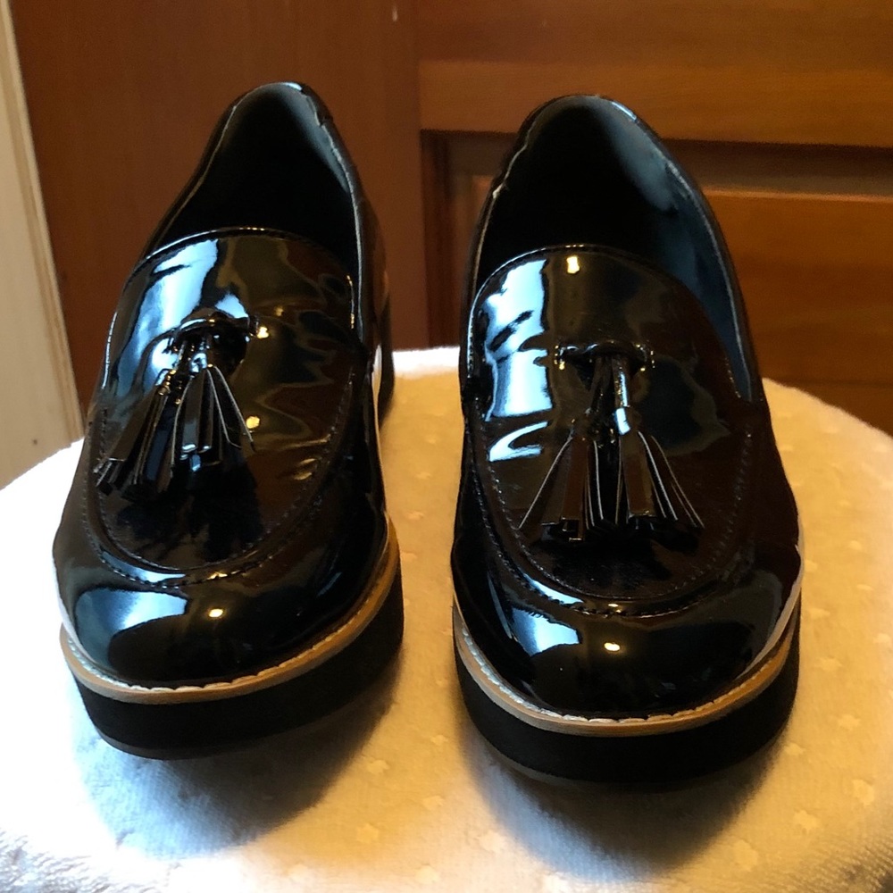 Bar III black patent platform loafers